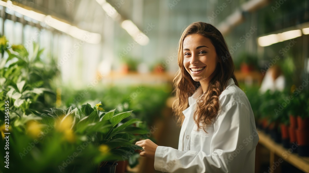 a young female scientist with a potted plant in a lush plant nurser a young female scientist with a potted plant in a lush plant nurser