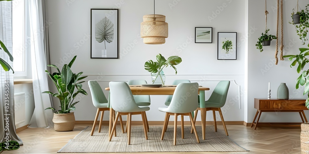Modern Scandinavian dining room with mint chairs wooden table and green accents. Concept Scandinavian Design, Dining Room Decor, Mint Chairs, Wooden Table, Green Accents Modern Scandinavian dining room with mint chairs wooden table and green accents. Concept Scandinavian Design, Dining Room Decor, Mint Chairs, Wooden Table, Green Accents