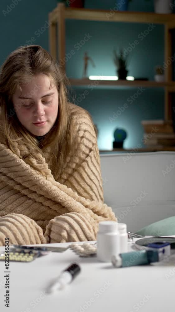 Woman suffering from cold and flu symptoms wrapped in a blanket, sitting at a table Woman suffering from cold and flu symptoms wrapped in a blanket, sitting at a table