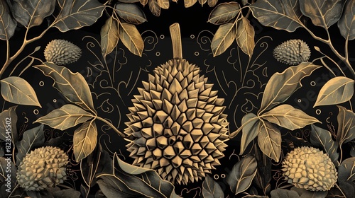 18. Art Deco luxury durian illustration with elegant lines and glamorous detailing, evoking the opulence of the 1920s