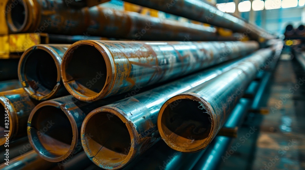 Vibrant and textured steel pipes stacked in a warehouse, detailed focus, capturing the industrial ambiance with clarity Vibrant and textured steel pipes stacked in a warehouse, detailed focus, capturing the industrial ambiance with clarity
