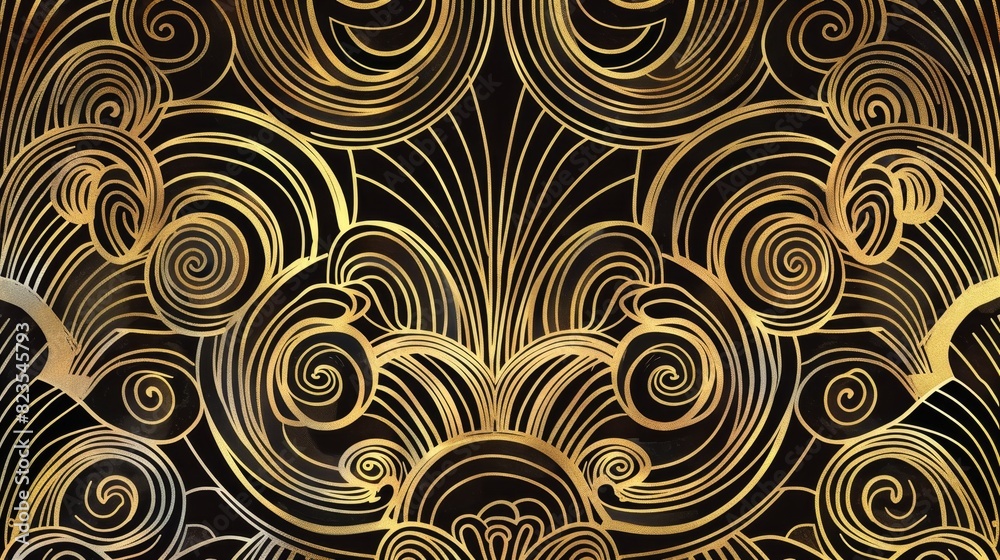 Vector art deco pattern with geometric shapes, arches, and swirls, golden vintage artistic linear ornament, luxurious and detailed design Vector art deco pattern with geometric shapes, arches, and swirls, golden vintage artistic linear ornament, luxurious and detailed design
