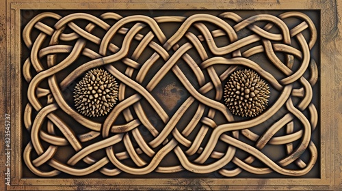 20. Celtic knotwork design incorporating durian motifs, with intricate interlocking patterns and symbolic significance photo