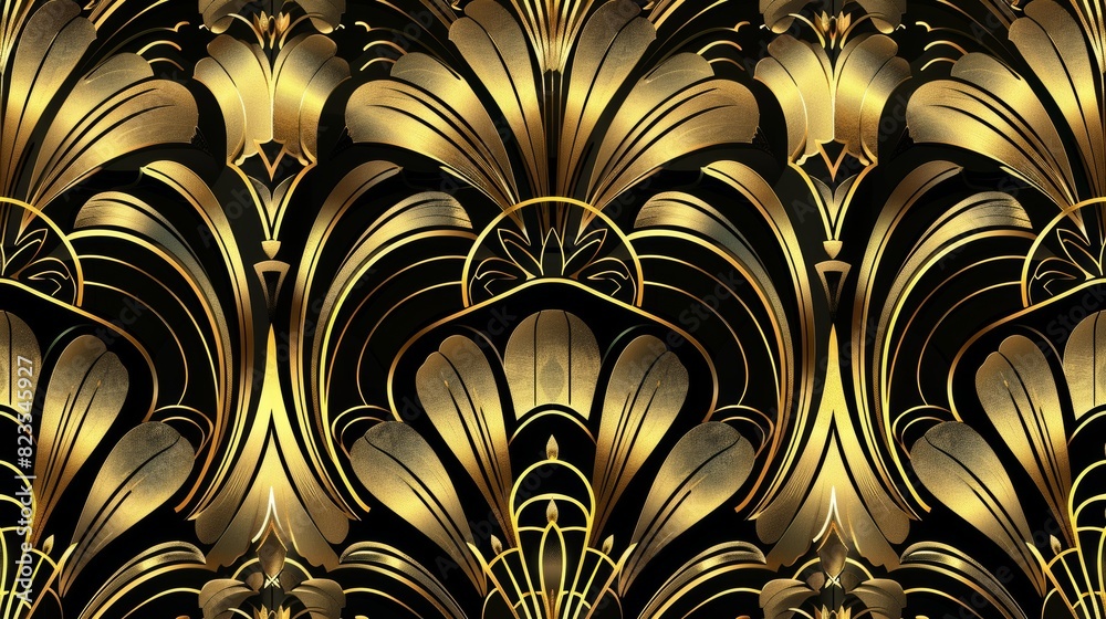Vector art deco pattern with geometric shapes, arches, and swirls, golden vintage artistic linear ornament, luxurious and detailed design Vector art deco pattern with geometric shapes, arches, and swirls, golden vintage artistic linear ornament, luxurious and detailed design
