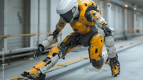 Visualize exoskeleton suit enhancing human strength agility through advanced robotics neural control interface lightweight yet durable construction allows wearer effortlessly traverse diverse terrain  photo