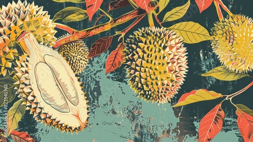 22. Japanese Ukiyo-e print-style illustration of a durian, with bold outlines and vibrant colors inspired by traditional Japanese woodblock prints photo