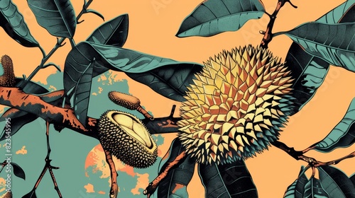 22. Japanese Ukiyo-e print-style illustration of a durian, with bold outlines and vibrant colors inspired by traditional Japanese woodblock prints photo
