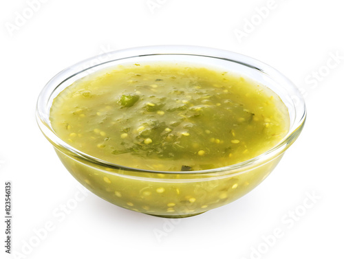 Tomatillo Salsa Verde sauce in a bowl isolated on white background. With clipping path.