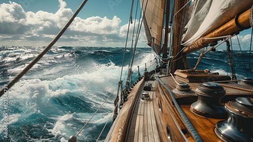 Deck of a wooden sailboat, with the bowsprit and sails in the foreground, and the ocean and sky in the background.

 photo