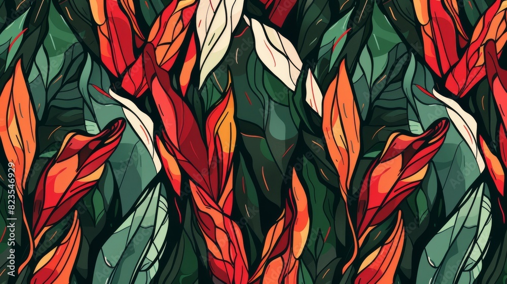Red and Green Leaves Painting on Green Background Red and Green Leaves Painting on Green Background