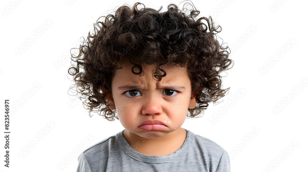 A cute mixed race toddler with curly hair and an angry expression, crying in tears, isolated on a white background.
A cute mixed race toddler with curly hair and an angry expression, crying in tears, isolated on a white background.