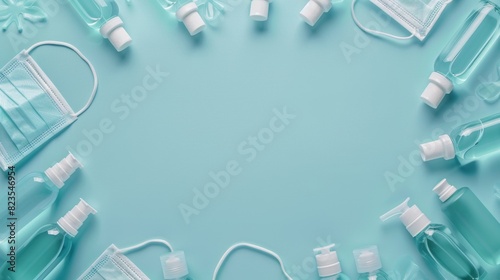 Medical supplies including face masks and hand sanitizers arranged on a pastel blue background