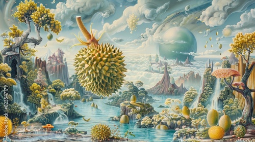 45. Lowbrow pop surrealism artwork featuring a durian floating in a dreamlike landscape populated by surreal creatures and whimsical elements
