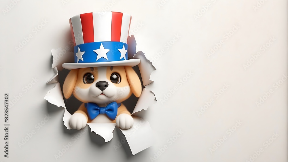 Fototapeta premium 3d cute dog with uncle sam hat, 4th of July poster peeking out of a hole in the wall, jumps out of a torn hole 
