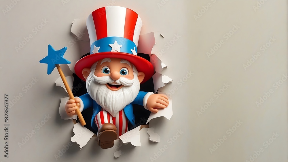 Obraz premium 3d cute gnome uncle sam, 4th of July poster peeking out of a hole in the wall, jumps out of a torn hole 