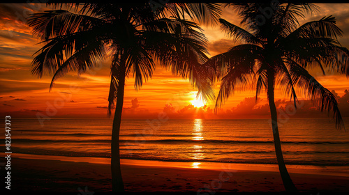 Silhouette coconut palm trees on beach against sky dur