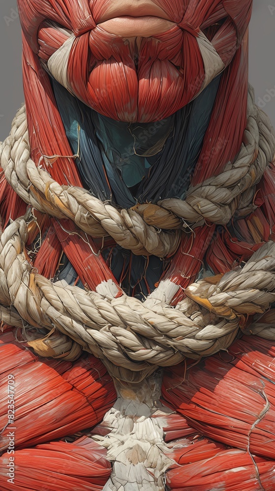 An artistic representation of a human body with ropes intricately tied around each muscle group, set against a neutral background An artistic representation of a human body with ropes intricately tied around each muscle group, set against a neutral background
