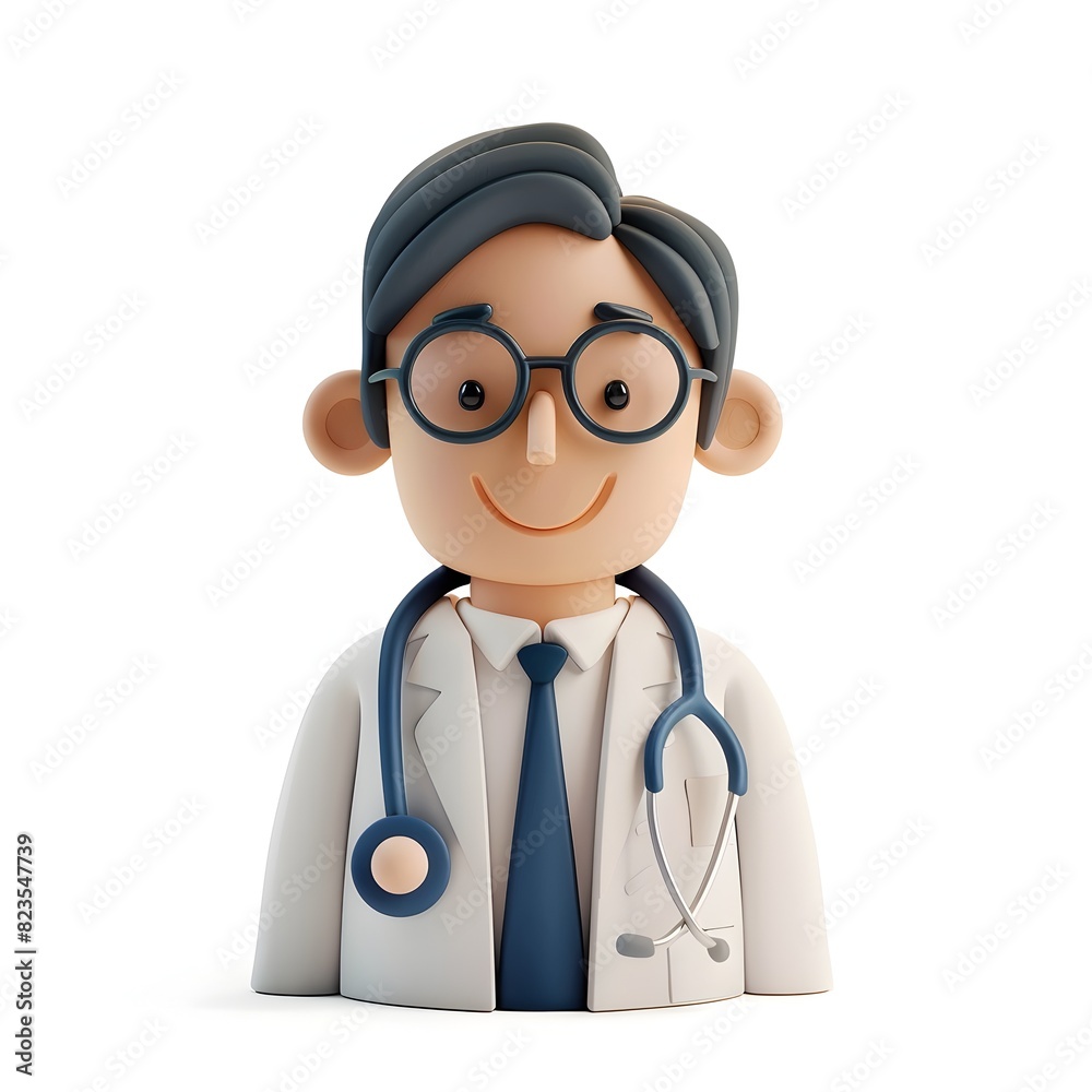 Fototapeta premium Friendly 3D Clay Icon of Cheerful Male Doctor in Medical Uniform with Stethoscope and Glasses