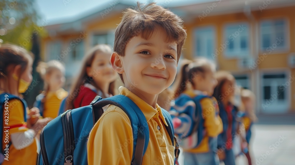 A young boy is standing in front of a school building. He is wearing a yellow shirt and a blue backpack. He has a happy expression on his face.


