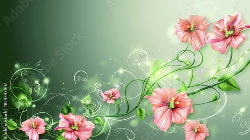 Pink Flowers on Green Background Painting