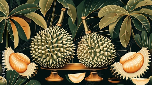 64. Art Deco luxury durian illustration with elegant lines and glamorous detailing, evoking the opulence and sophistication of the Art Deco era