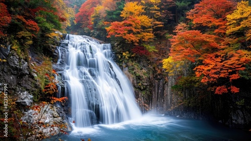 A majestic waterfall surrounded by colorful autumn foliage. © Haseeb