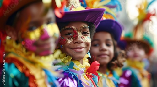 A group of smiling children wearing colorful and elaborate costumes, including one child wearing a brown hat and another wearing a pink and blue wig.