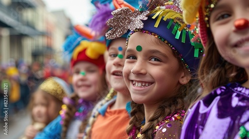A group of children wearing colorful and elaborate costumes, including feathers, glitter, and face paint.