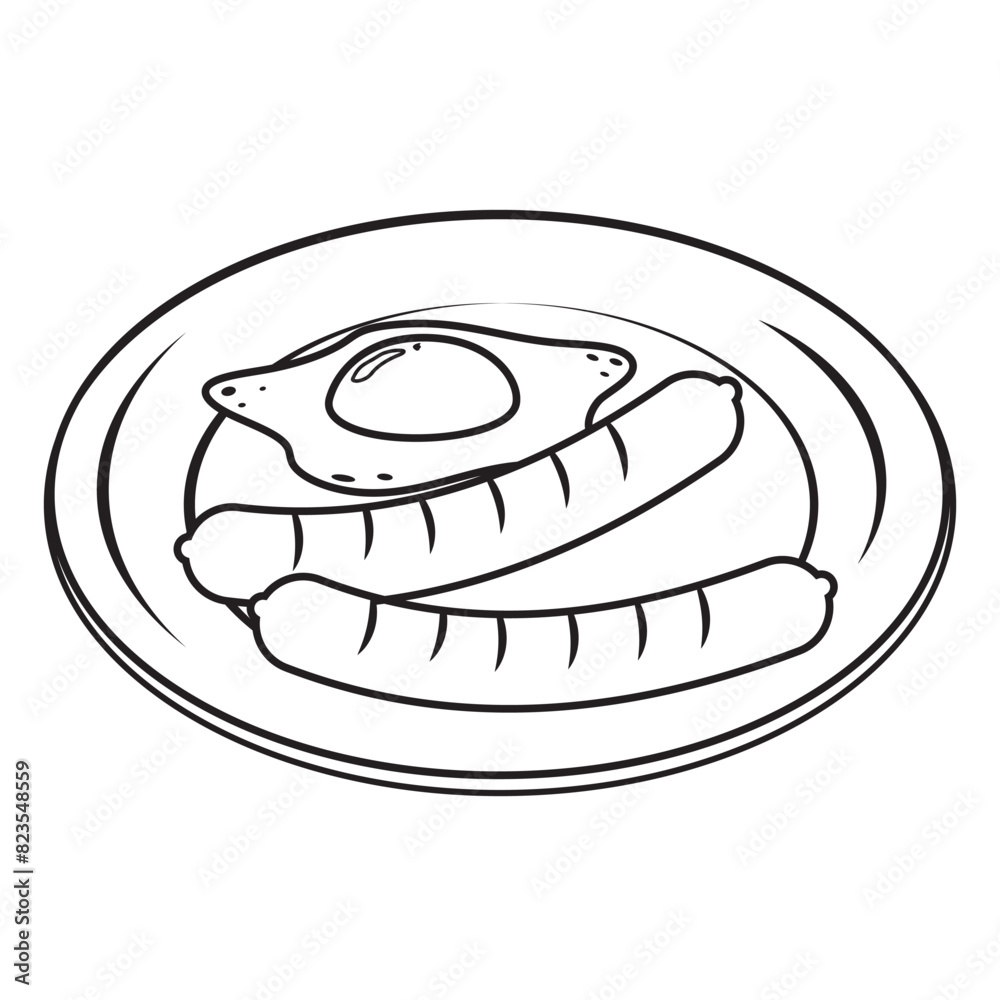 Sausage on a plate, black outline coloring, doodle style Sausage on a plate, black outline coloring, doodle style