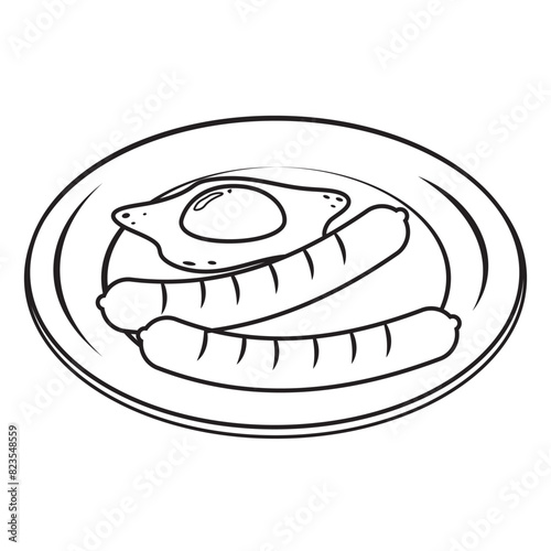 Sausage on a plate, black outline coloring, doodle style