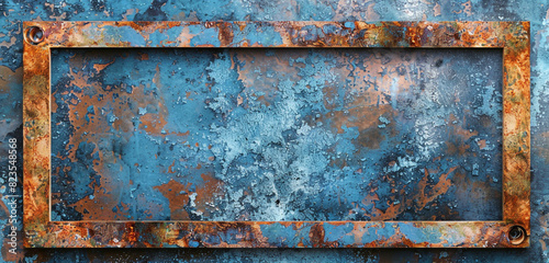 Broad decaying perspective of a rust-colored wide blank frame against moldy blue wallpaper.