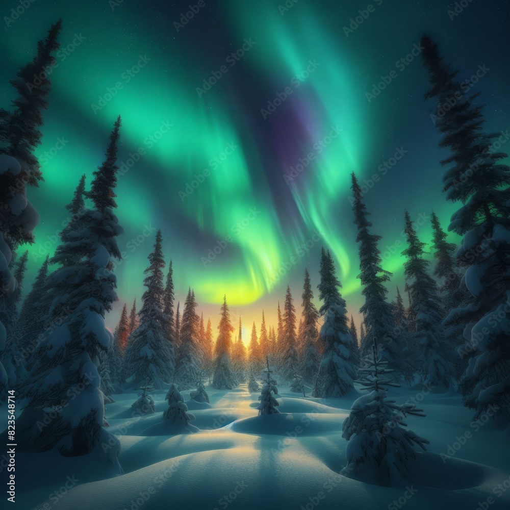 A mesmerizing aurora borealis dances across the sky above a snow-covered forest, casting an ethereal glow on the landscape.