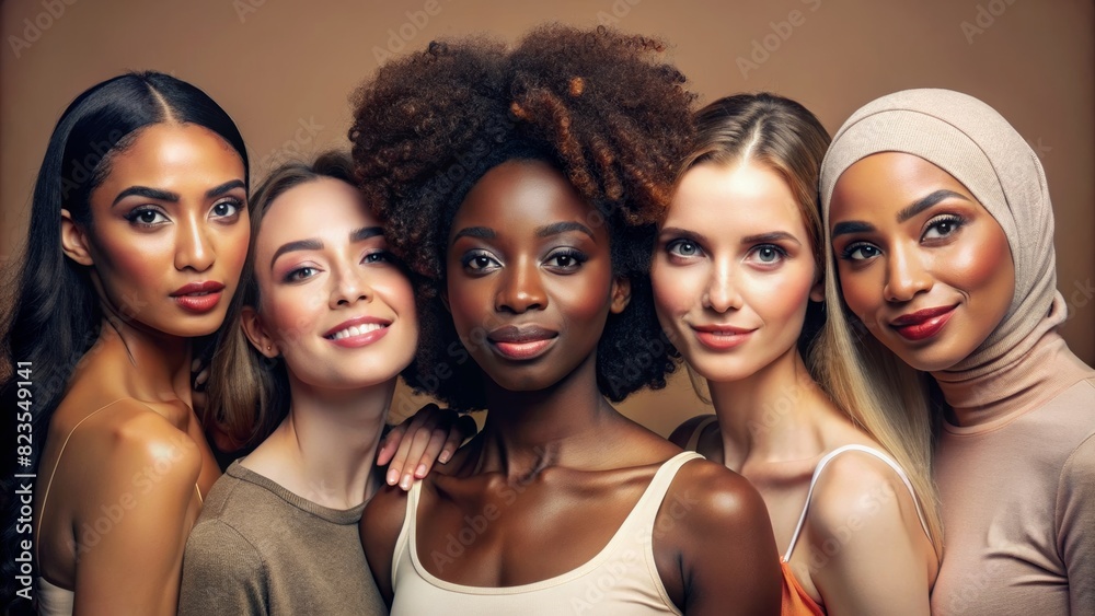 Obraz premium Face portrait, diversity and beauty of women in studio isolated on a brown background. Makeup cosmetics, skincare and group of female models with healthy or glowing skin after spa facial treatment.