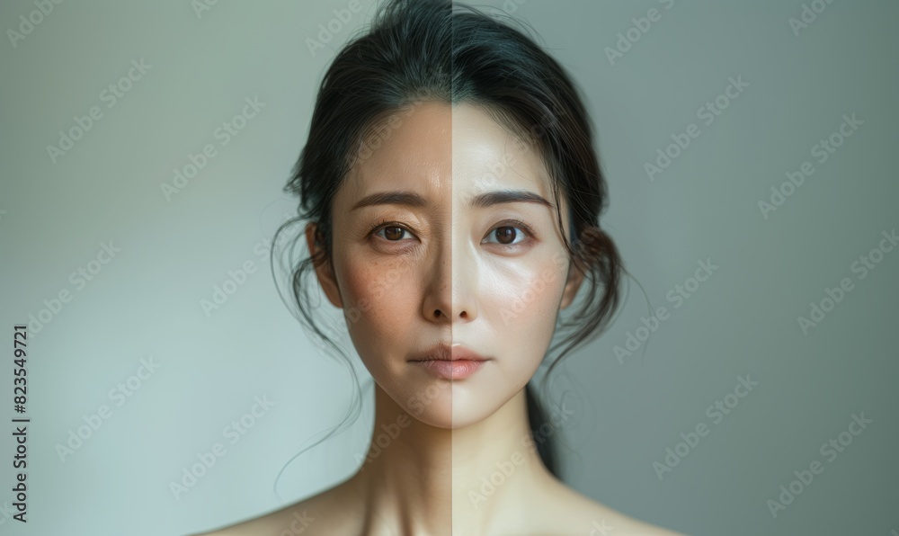 Before and after photo of the same Korean woman's face, showing an elderly model with wrinkles on one side and young skin without signs of aging on the other half.