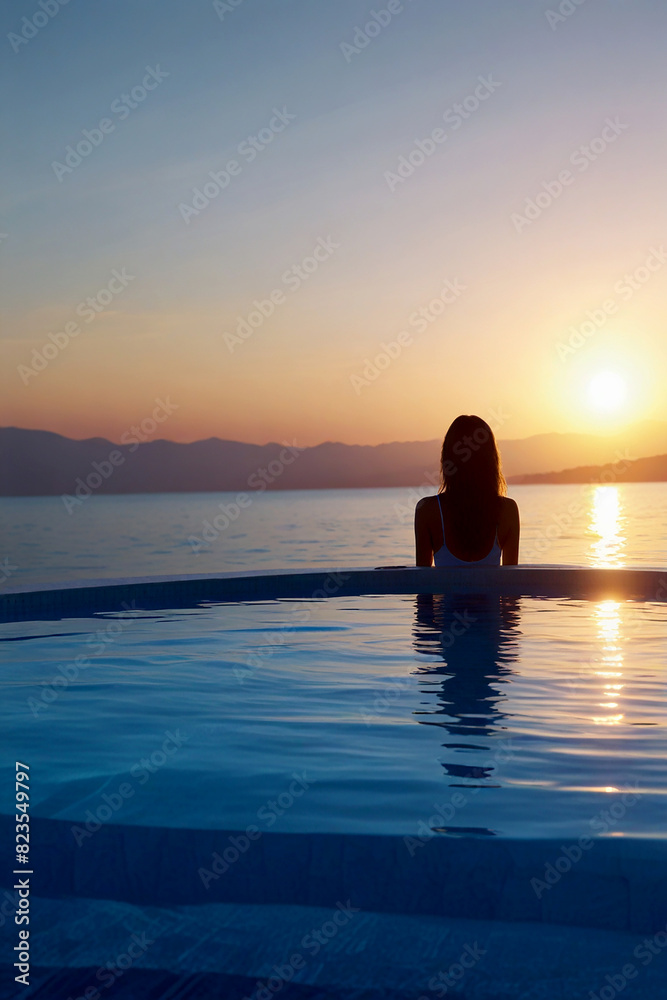 Fototapeta premium silhouette of a person sitting on the beach at sunset