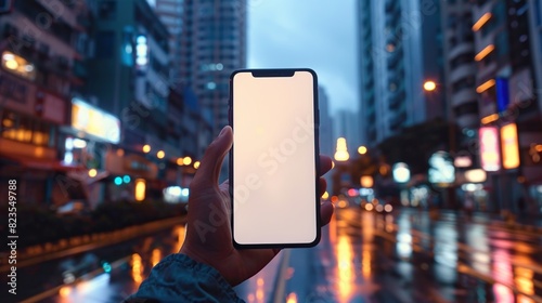 A hand holding a smartphone in front of an out of focus city street with lights.

