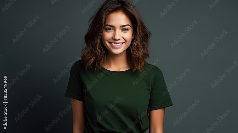 Fototapeta premium Portrait of funny young lady dressed casual t-shirt smiling 