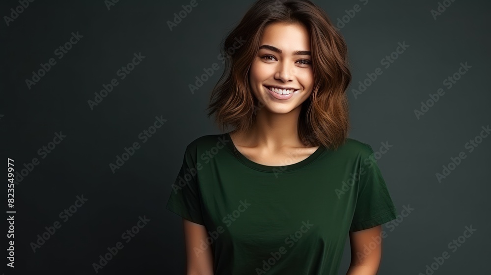 Portrait of funny young lady dressed casual t-shirt smiling Portrait of funny young lady dressed casual t-shirt smiling