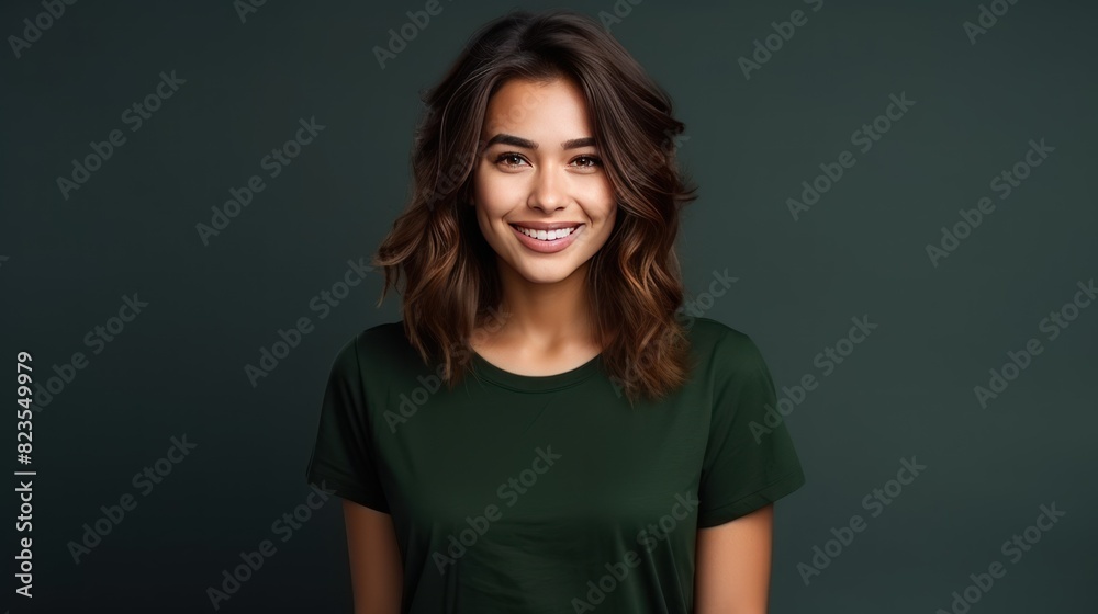 Portrait of funny young lady dressed casual t-shirt smiling Portrait of funny young lady dressed casual t-shirt smiling