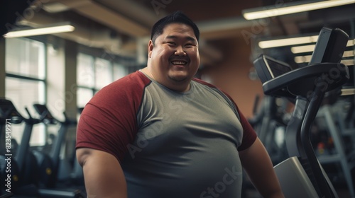 a happy fat Asian man in the gym  
