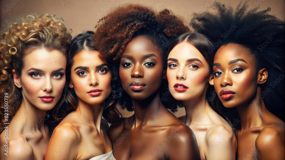 Obraz premium Face portrait, diversity and beauty of women in studio isolated on a brown background. Makeup cosmetics, skincare and group of female models with healthy or glowing skin after spa facial treatment.
