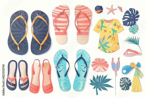 Stylish illustration icons of summer sales featuring flip flops and swimsuits. photo
