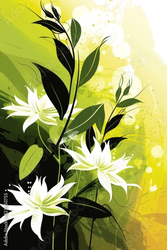 White Flowers on Green and Yellow Background