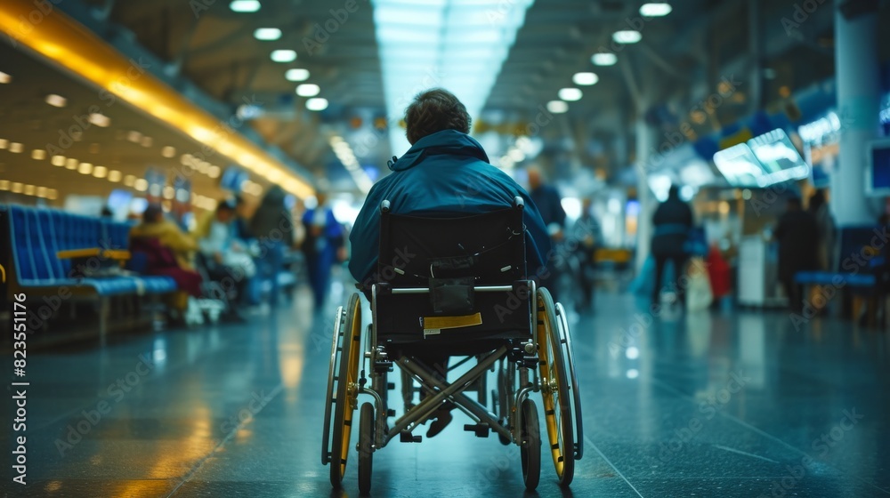 Close view of a man in a wheelchair navigating through a busy airport terminal, emphasizing mobility and independence Close view of a man in a wheelchair navigating through a busy airport terminal, emphasizing mobility and independence