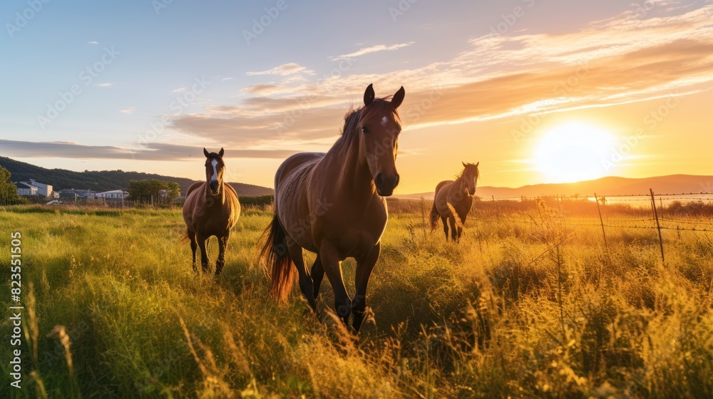 Thoroughbred horses walking in a field Thoroughbred horses walking in a field