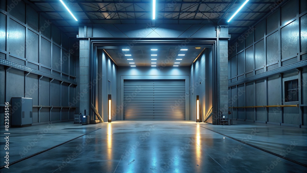 Industrial warehouse entrance with sleek grey walls and modern LED lighting, symbolizing progress and innovation 