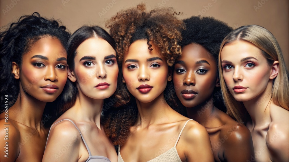 Obraz premium Face portrait, diversity and beauty of women in studio isolated on a brown background. Makeup cosmetics, skincare and group of female models with healthy or glowing skin after spa facial treatment.