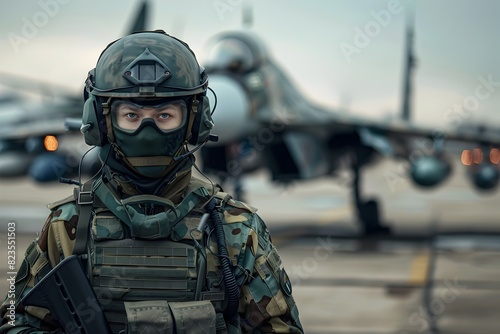 Skilled Military Operator Guarding Cutting Edge Jet Fighter on Airbase Runway photo
