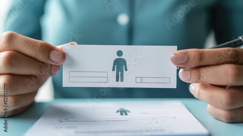 Hands holding a business card with a simple person icon, focusing on the card. Background is blurred with a person in a blue shirt.