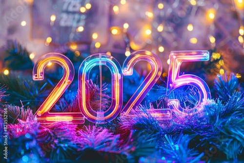 2025 neon numbers, luminous New Year symbol, fluorescent 2025 greeting card, glowing sparkle